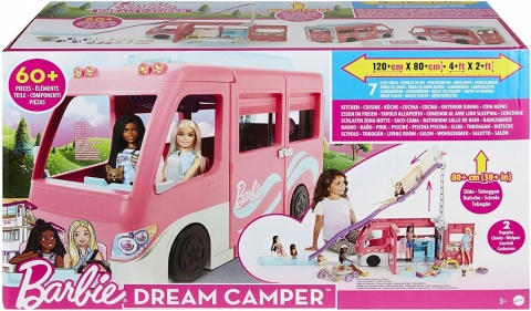 Mattel Barbie Wymarzona Przyczepa z gigantyczną zjeżdżalnią Dream Camper POWYSTAWOWY