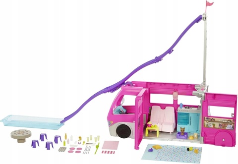 Mattel Barbie Wymarzona Przyczepa z gigantyczną zjeżdżalnią Dream Camper POWYSTAWOWY