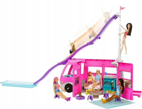 Mattel Barbie Wymarzona Przyczepa z gigantyczną zjeżdżalnią Dream Camper POWYSTAWOWY