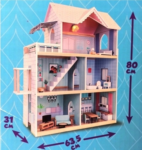 Drewniany domek dla lalek z windą GIANT BEAN XL 80cm pastelowy 18el. NOWY