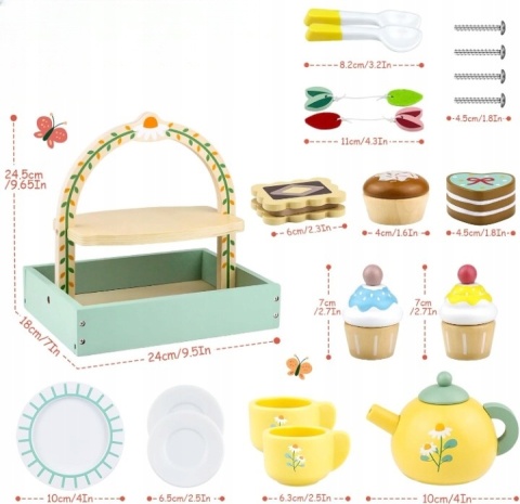 Drewniany Zestaw Do Herbaty Kawy Filiżanki Czajnik Kuchnia Zabawka NOWY Z DEFEKTEM