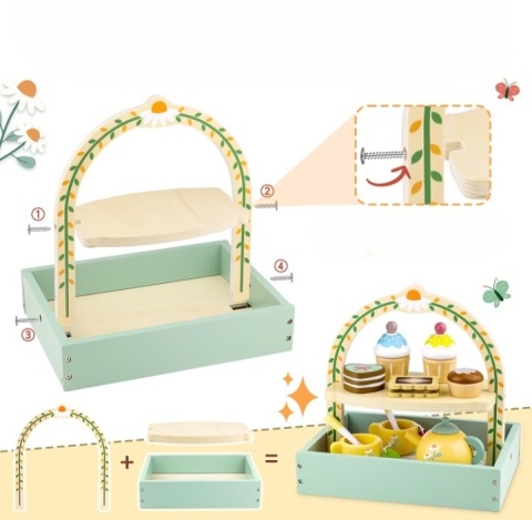 Drewniany Zestaw Do Herbaty Kawy Filiżanki Czajnik Kuchnia Zabawka NOWY Z DEFEKTEM