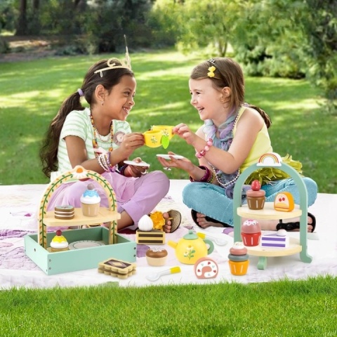 Drewniany Zestaw Do Herbaty Kawy Filiżanki Czajnik Kuchnia Zabawka NOWY Z DEFEKTEM