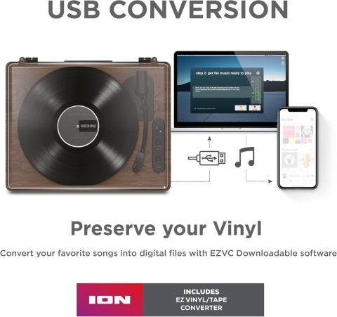 Gramofon ION Luxe LP brązowy USB Bluetooth z wbudowanymi głośnikami stereo Powystawowy