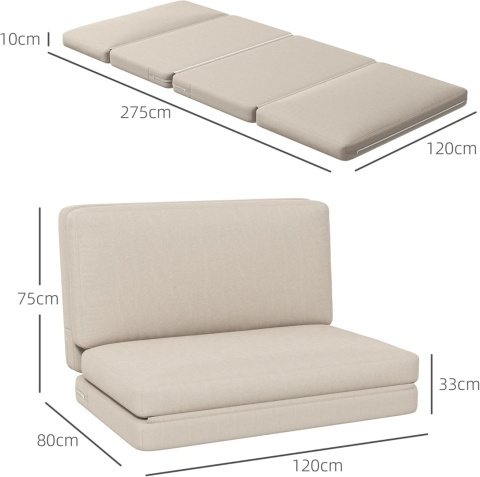 HOMCOM Sofa 3 w 1, rozkładane, welurowe, do sypialni, komfortowe