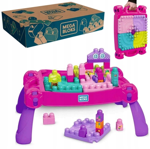 Mega Bloks Stolik Konstrukcyjny RÓŻOWY Zestaw Klocków 2w1 FFG22 SKŁADANY 1+ POWYSTAWOWY